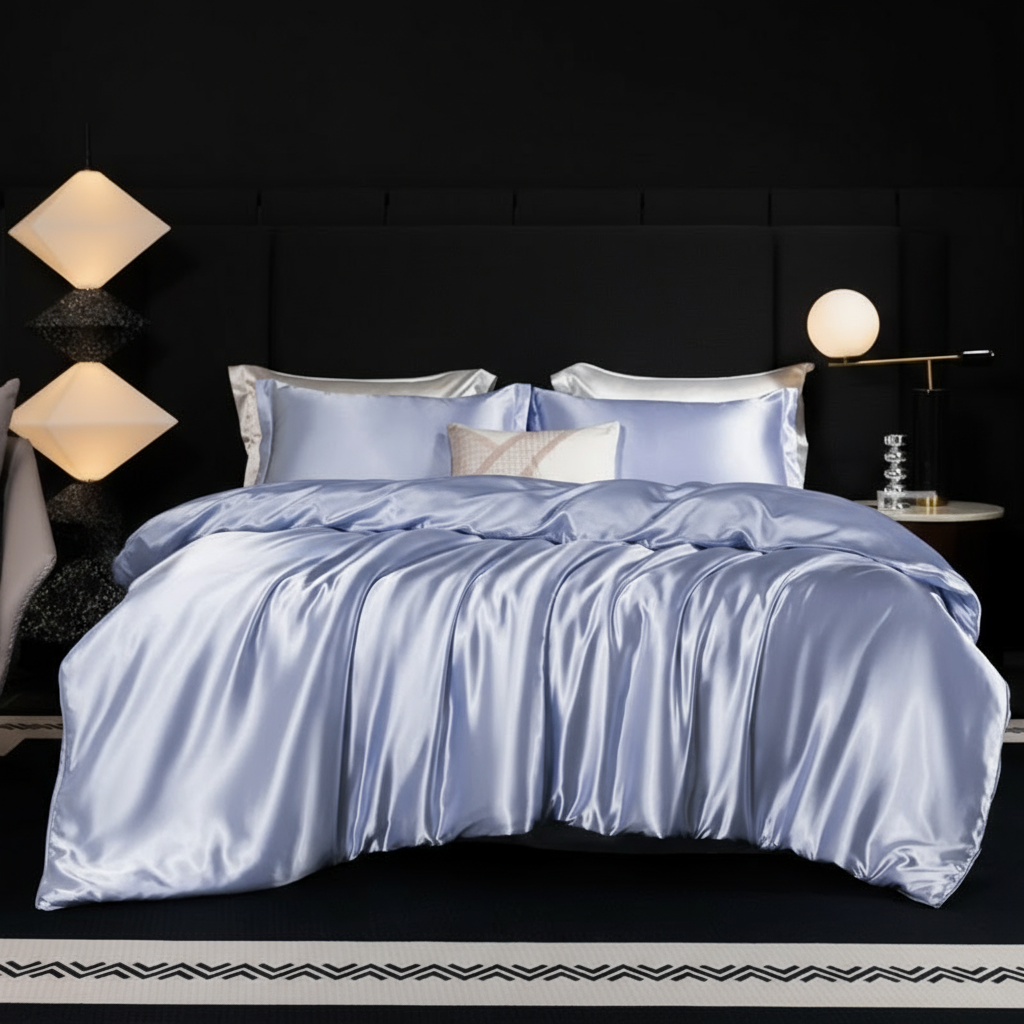 Parure de lit en soie 100% naturelle, couleur Bleu ciel – literie luxueuse pour un sommeil profond et une sensation de douceur sur la peau.