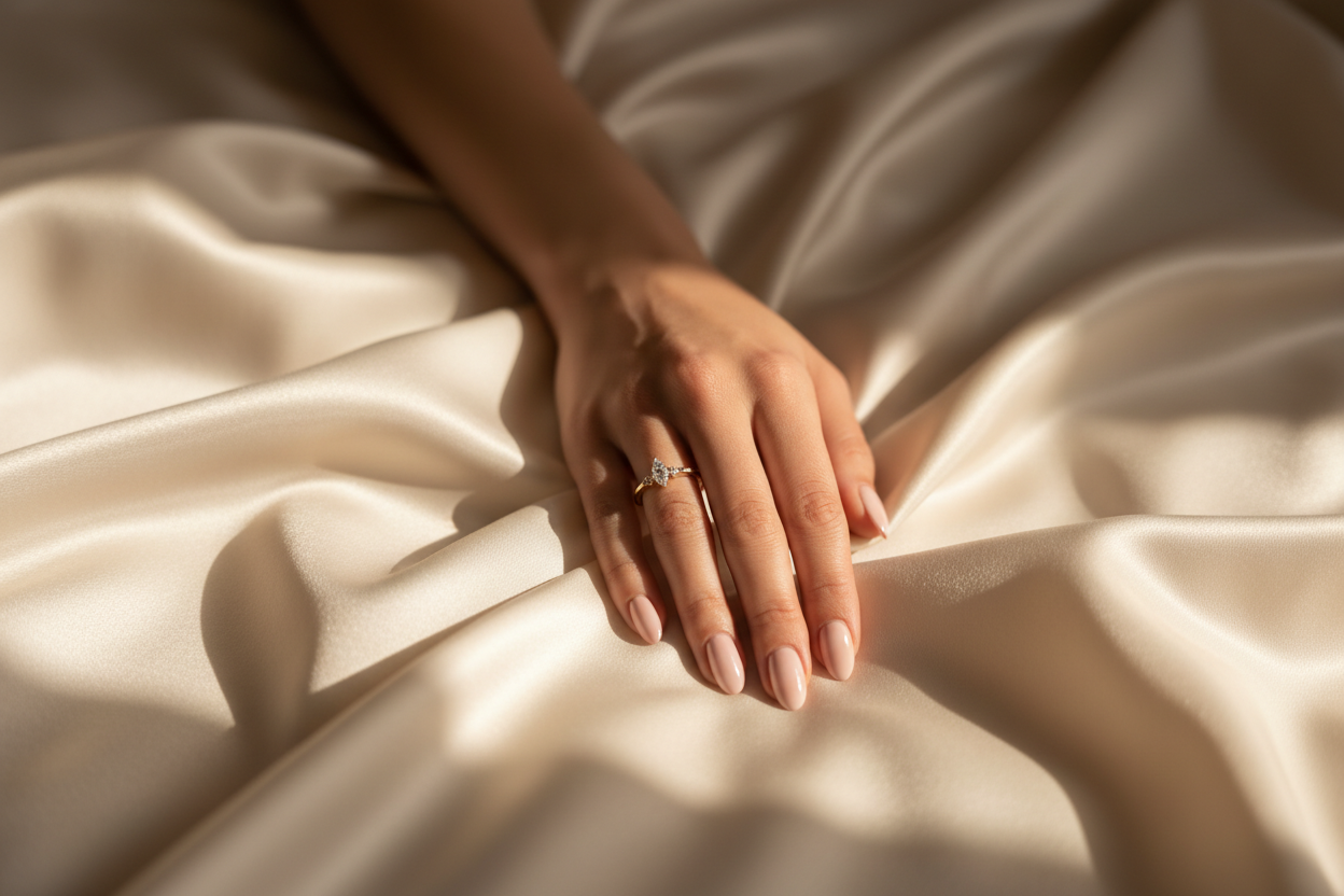 main féminine avec manucure soignée et bague en or sertie de diamants reposant sur un tissu en soie beige, éclairée par une lumière douce et naturelle