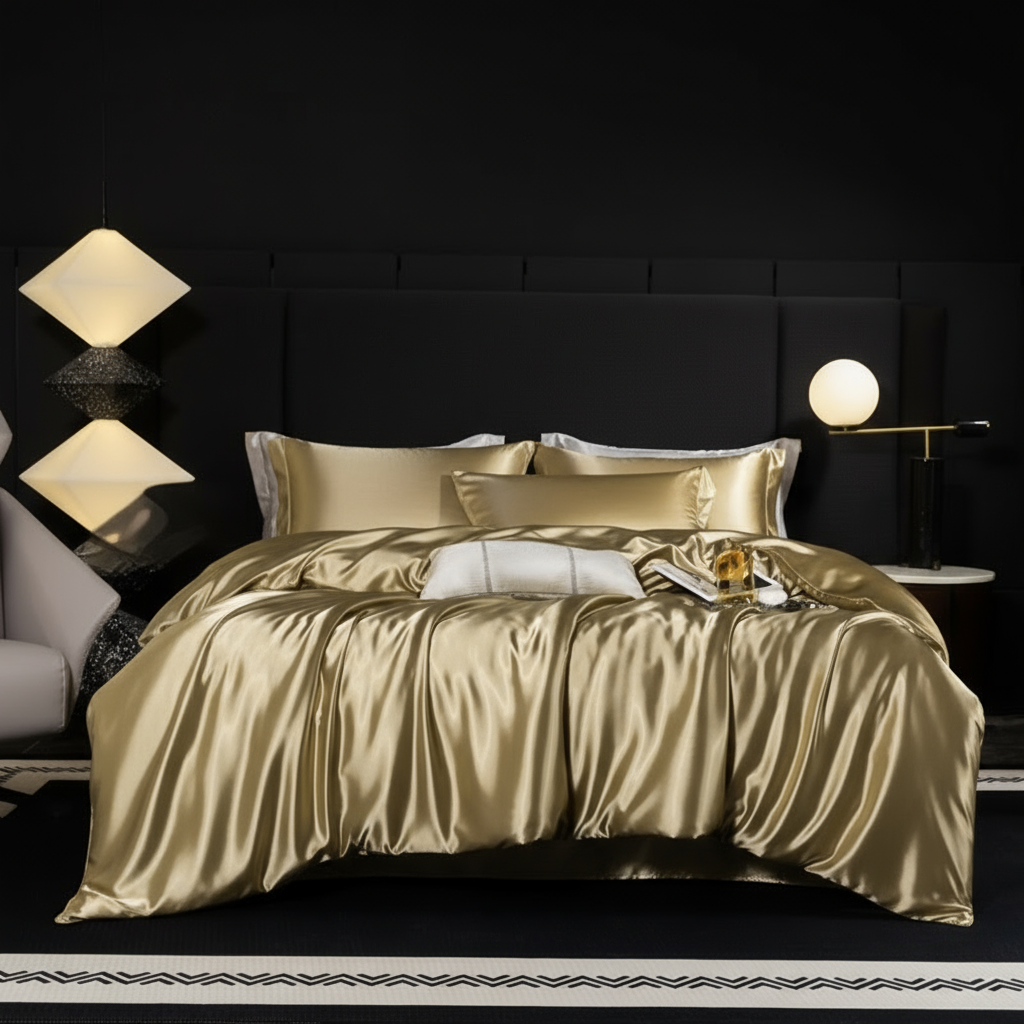 Parure de lit en soie 100% naturelle, couleur Champagne – drap-housse, housse de couette et taies d’oreiller pour un confort et un style raffinés.