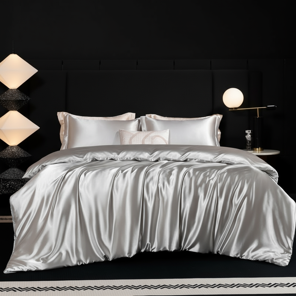 Parure de lit en soie 100% naturelle, couleur Gris nuage – literie soyeuse pour un confort luxueux et un sommeil réparateur chaque nuit.