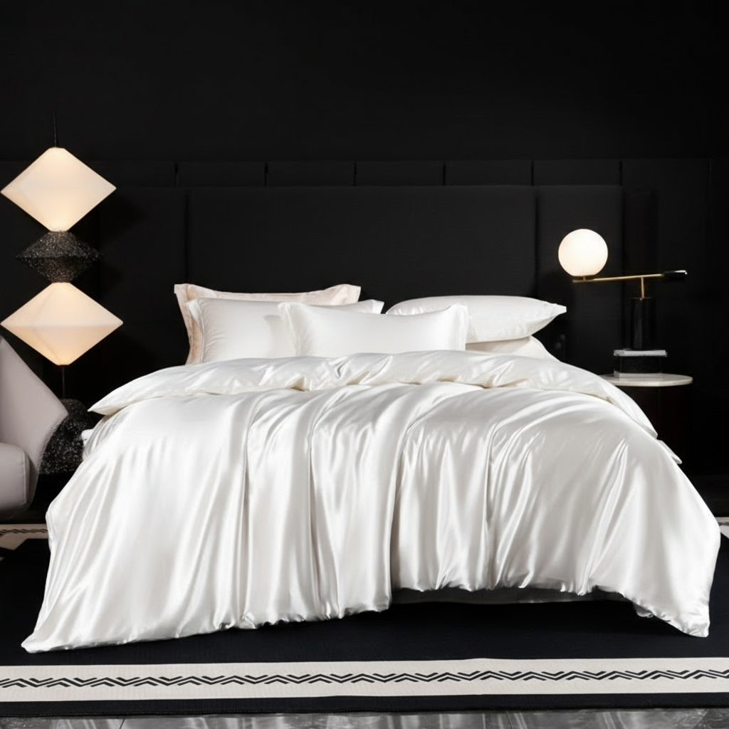 Parure de lit en soie 100% naturelle, couleur Perle – literie douce et brillante, idéale pour un confort cocooning et des nuits réparatrices.