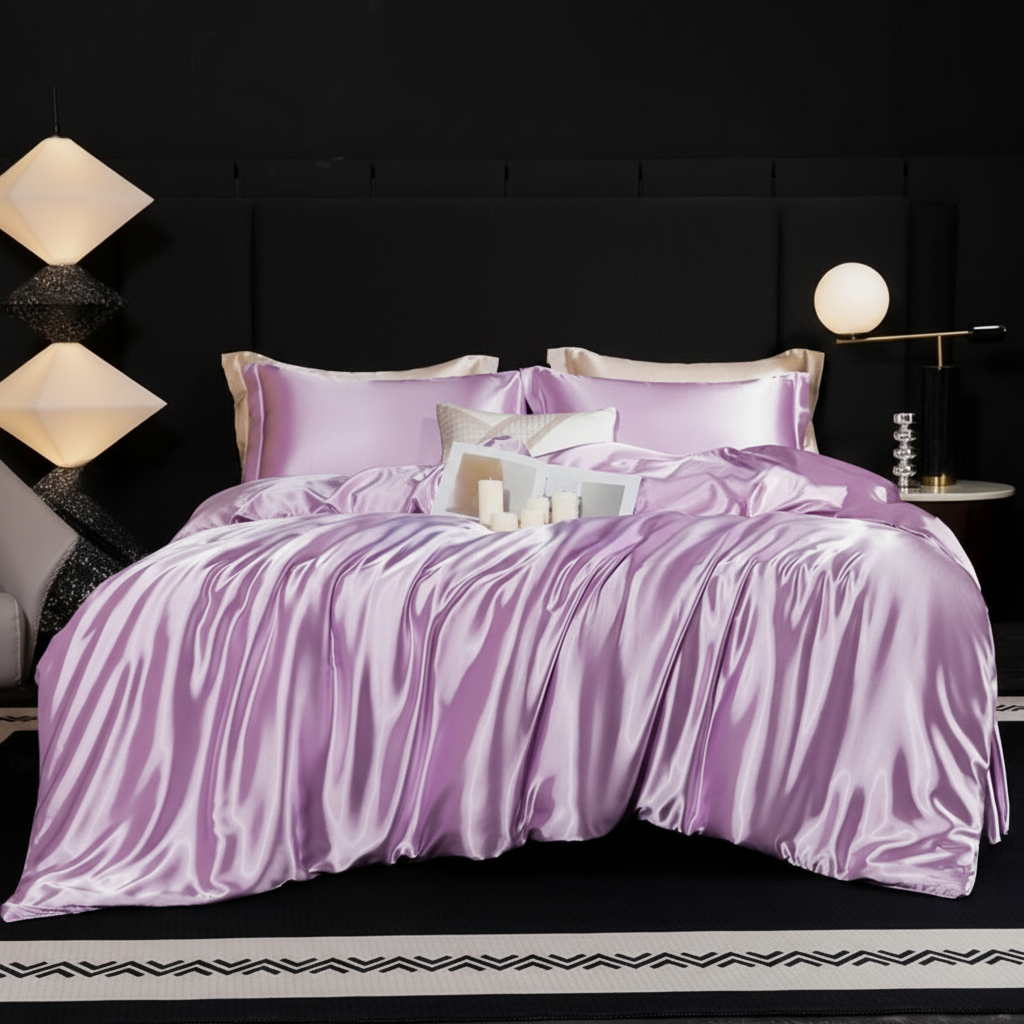 Parure de lit en soie 100% naturelle, couleur Rose poudré – drap-housse, housse de couette et taies d’oreiller, idéale pour un cocon féminin et élégant.