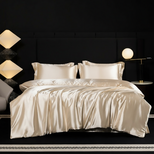 Parure de lit en soie 100% naturelle, couleur Sable doux – drap-housse, housse de couette et taies d’oreiller pour une chambre élégante et apaisante.