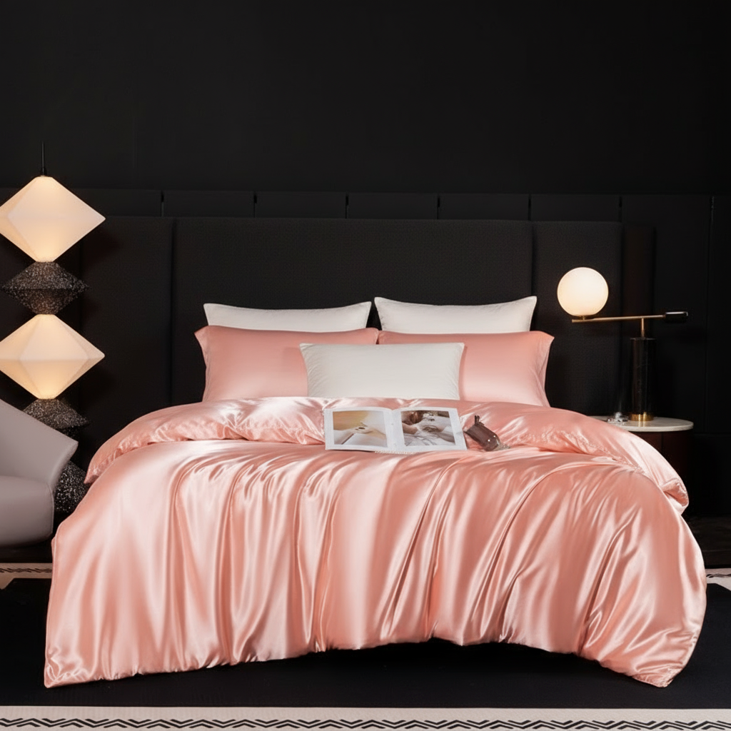 Parure de lit en soie 100% naturelle, couleur Saumon délicat – drap-housse, housse de couette et taies d’oreiller pour un toucher doux et soyeux.