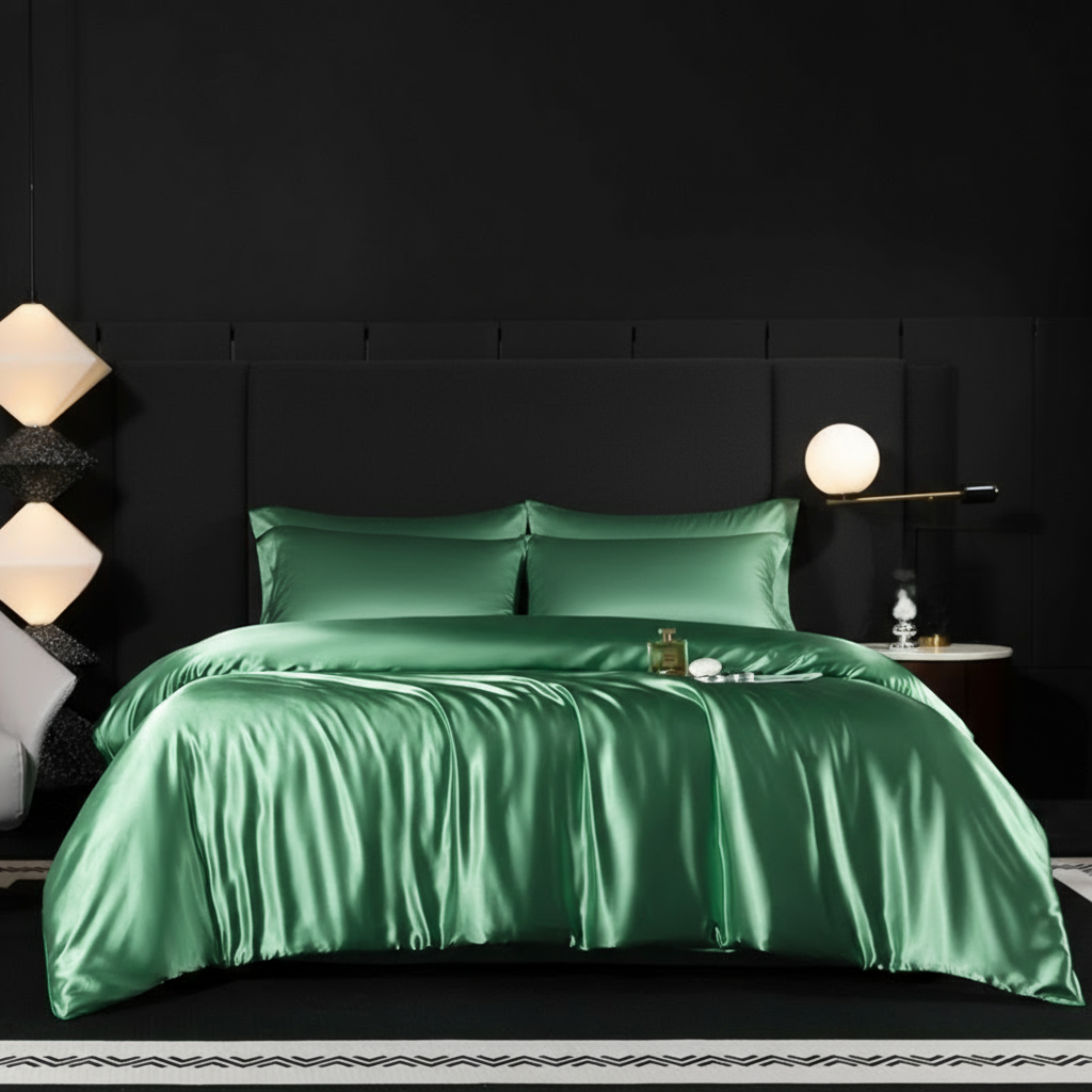 Parure de lit en soie 100% naturelle, couleur Vert céladon – literie luxueuse qui protège la peau et les cheveux tout en sublimant la chambre.