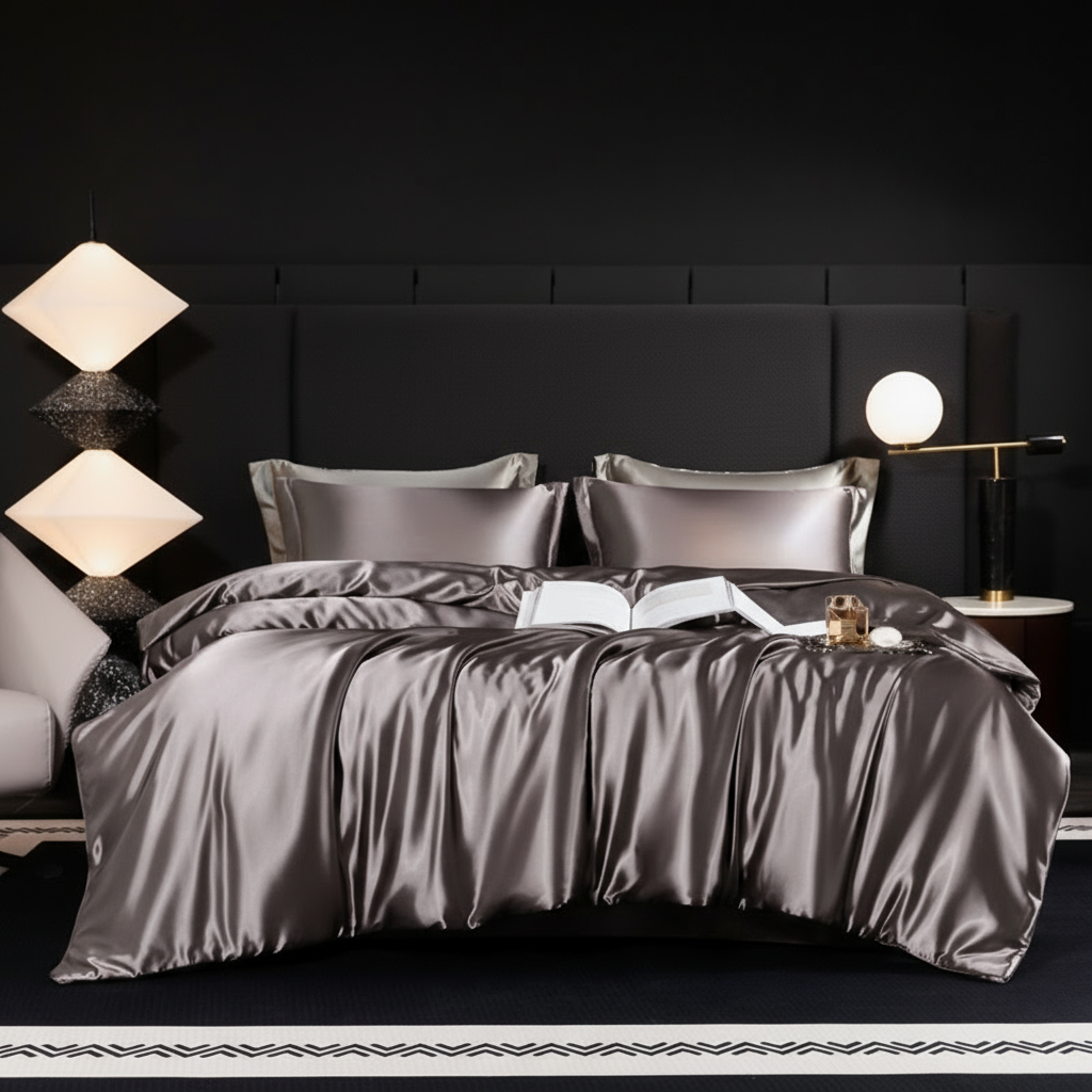 Parure de lit en soie 100% naturelle, couleur Violet profond – literie soyeuse et élégante pour un sommeil apaisant et des nuits de luxe.