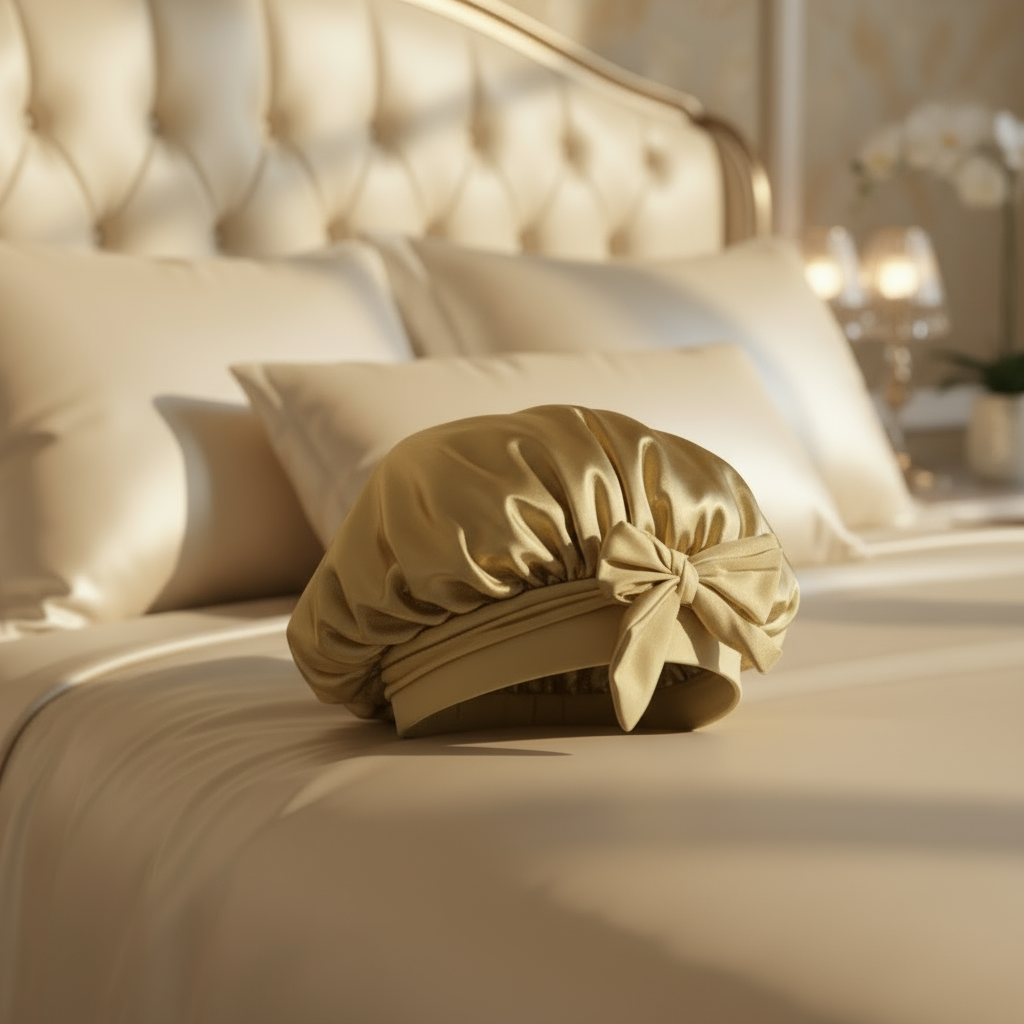 Bonnet de nuit en soie naturelle Cœur d’Intérieur, élégant et confortable, porté sur un lit en soie, protège tous les cheveux pour un sommeil luxueux.