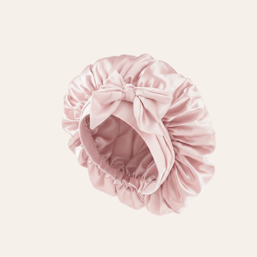 Bonnet de nuit en soie naturelle couleur rose poudré, doux et élégant, soin délicat des cheveux pendant le sommeil.