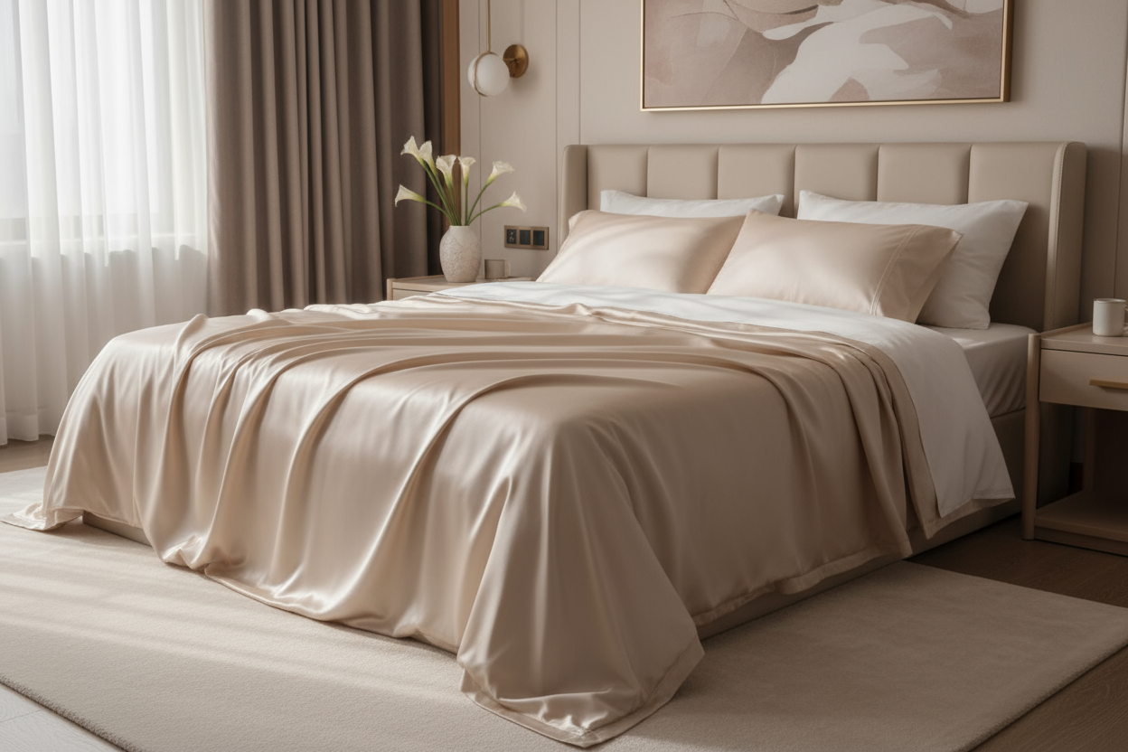 Draps en soie, couleur beige ou champagne, lumière douce