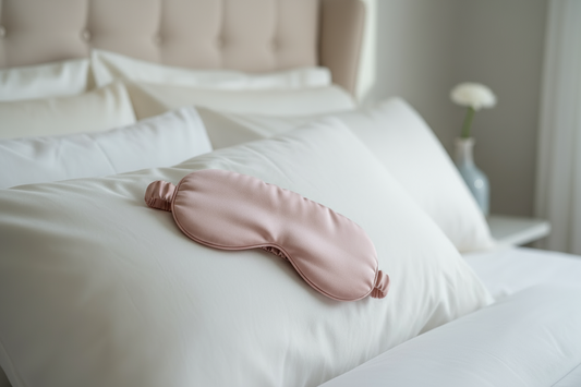 Masque de nuit en soie posé sur un oreiller blanc, ambiance douce et apaisante.
