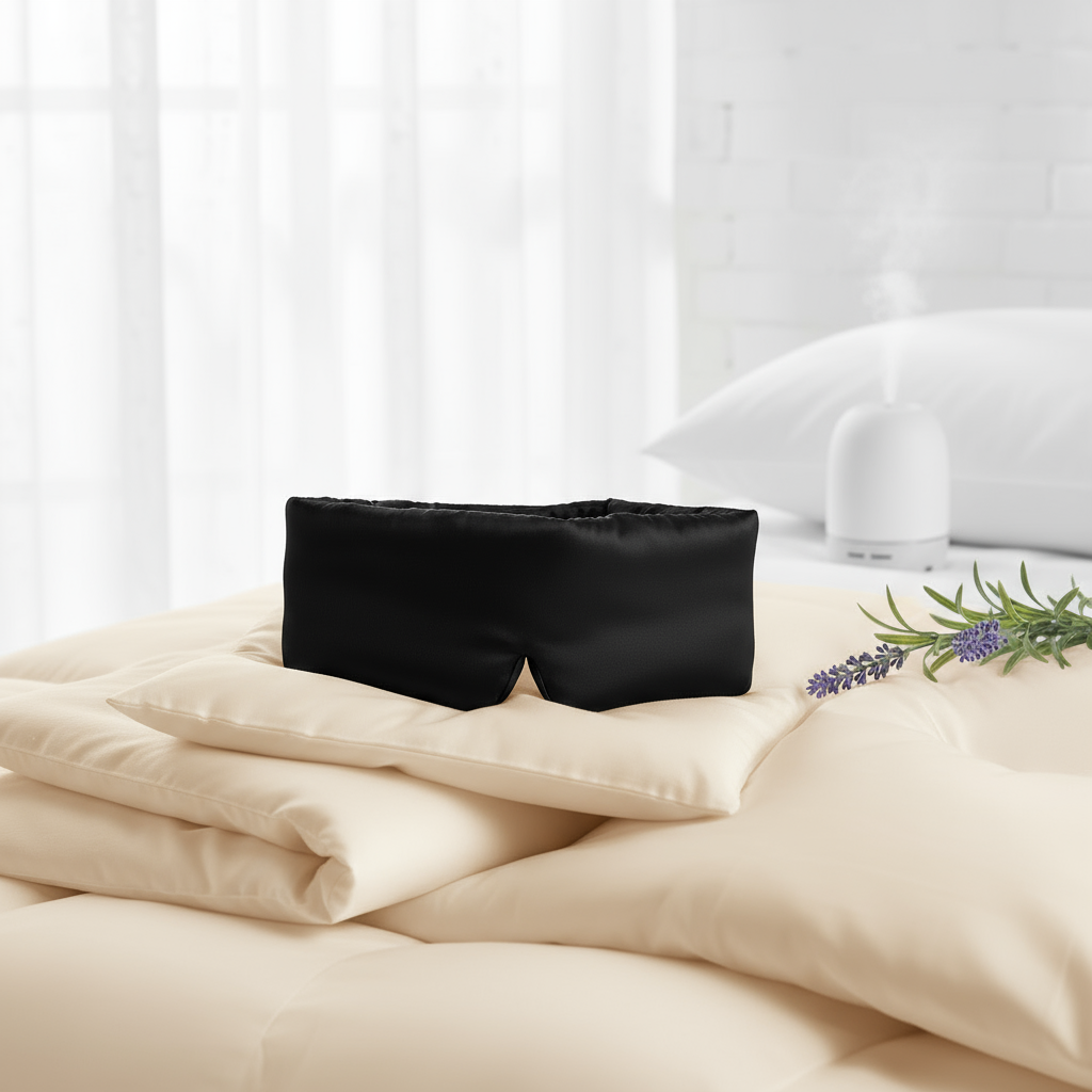 Masque de nuit en soie naturelle, accessoire de sommeil raffiné pour des nuits apaisantes.